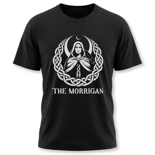 Celtic Morrigan goddess graphic featuring knotwork, raven, and crescent moon symbols.