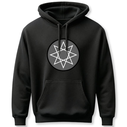 Black pullover hoodie featuring a white sacred geometry octagram symbol.