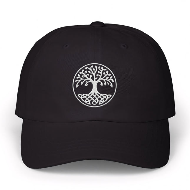 Embroidered Celtic Tree of Life Yggdrasil knotwork baseball cap, black.