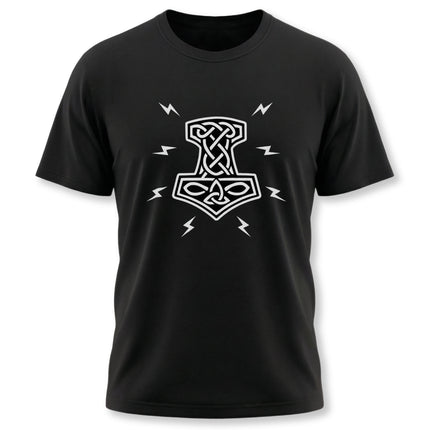 Norse Mjolnir lightning graphic on a black t-shirt with a Celtic knot design.