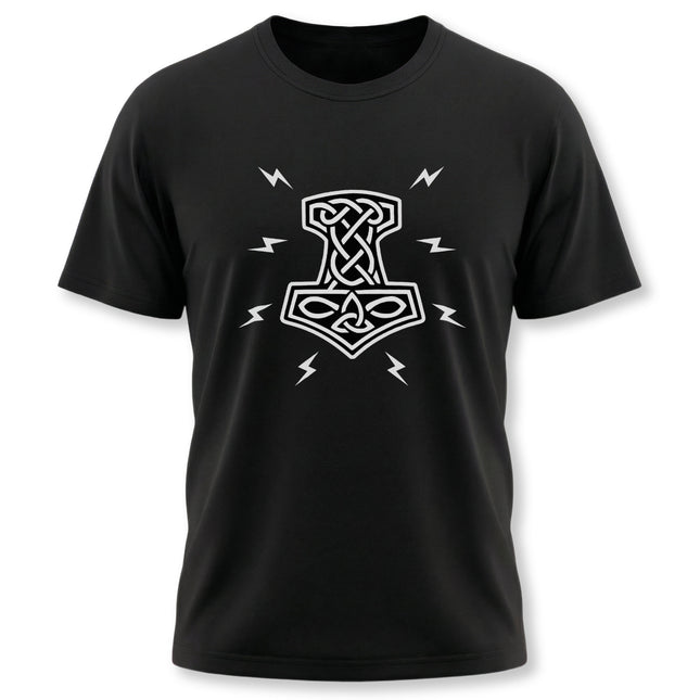 Norse Mjolnir lightning graphic on a black t-shirt with a Celtic knot design.