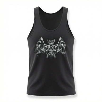 Tribal Mayan bat graphic tank top featuring Aztec geometric symbolism.