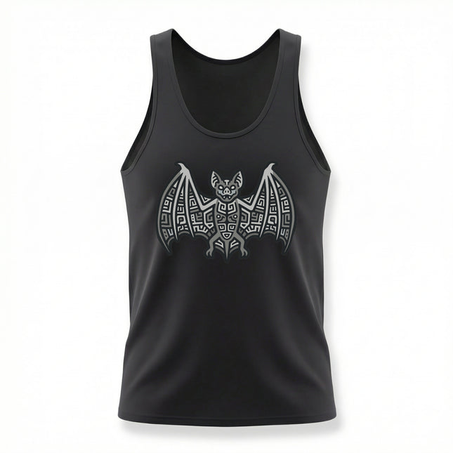 Tribal Mayan bat graphic tank top featuring Aztec geometric symbolism.