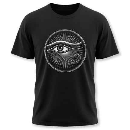 Black t-shirt featuring the Eye of Horus Egyptian protection symbol graphic print.