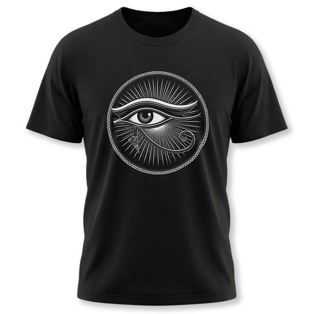 Black t-shirt featuring the Eye of Horus Egyptian protection symbol graphic print.