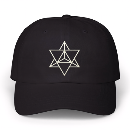 Black baseball cap featuring a white embroidered Merkaba sacred geometry star symbol.