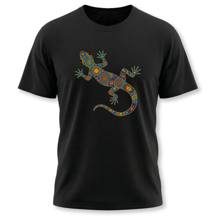 Vibrant geometric lizard print inspired by Mexican Huichol indigenous art on a black tee.
