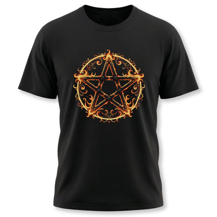 Black t-shirt featuring a fiery pentagram and occult symbol design.