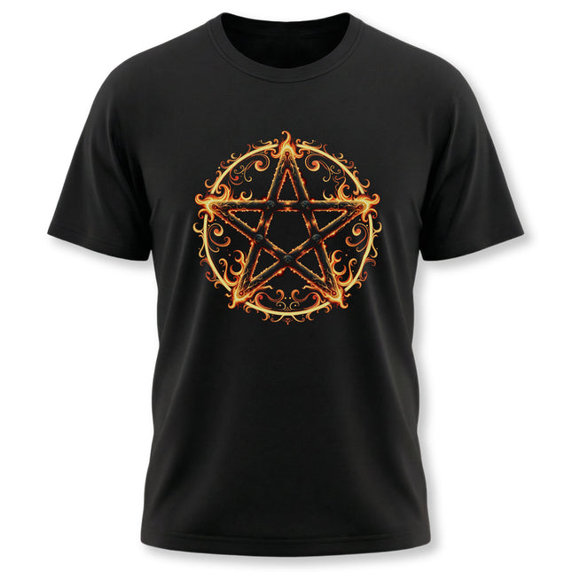 Black t-shirt featuring a fiery pentagram and occult symbol design.