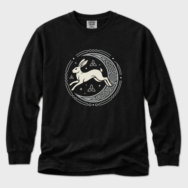 Celtic hare and moon knotwork graphic on a long sleeve tee.
