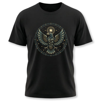 Celtic Norse raven graphic tee with a circular celestial design.