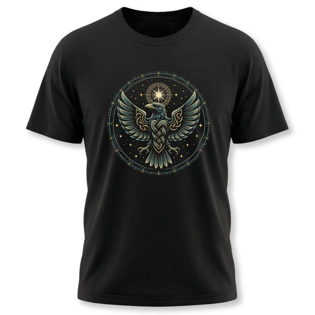 Celtic Norse raven graphic tee with a circular celestial design.