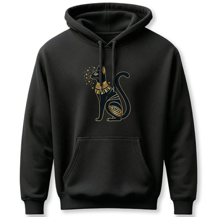 Bastet Egyptian cat goddess graphic with gold stars on a black hoodie.