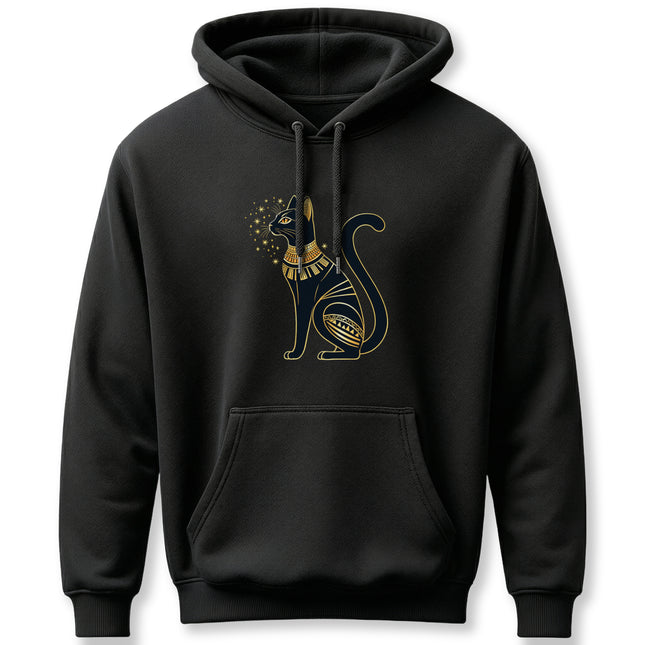 Bastet Egyptian cat goddess graphic with gold stars on a black hoodie.
