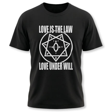 Love Is The Law t-shirt with Babalon hexagram symbol, occult Thelema apparel.
