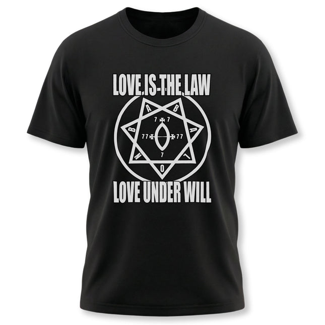 Love Is The Law t-shirt with Babalon hexagram symbol, occult Thelema apparel.