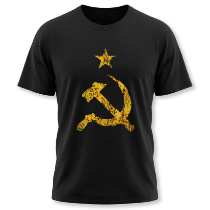 Vintage USSR Communist Hammer and Sickle star graphic tee on black shirt.