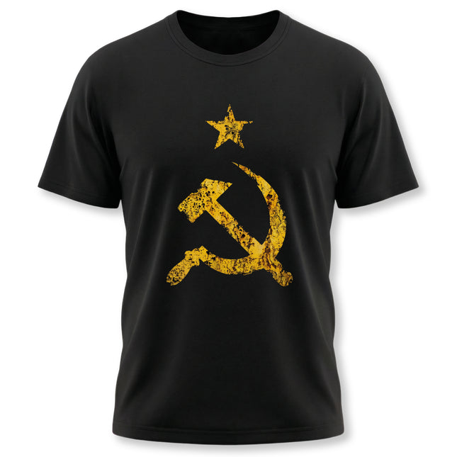 Vintage USSR Communist Hammer and Sickle star graphic tee on black shirt.