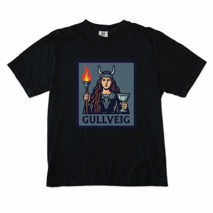 Viking goddess Gullveig design featuring horns, torch, and chalice Norse mythology art tee.
