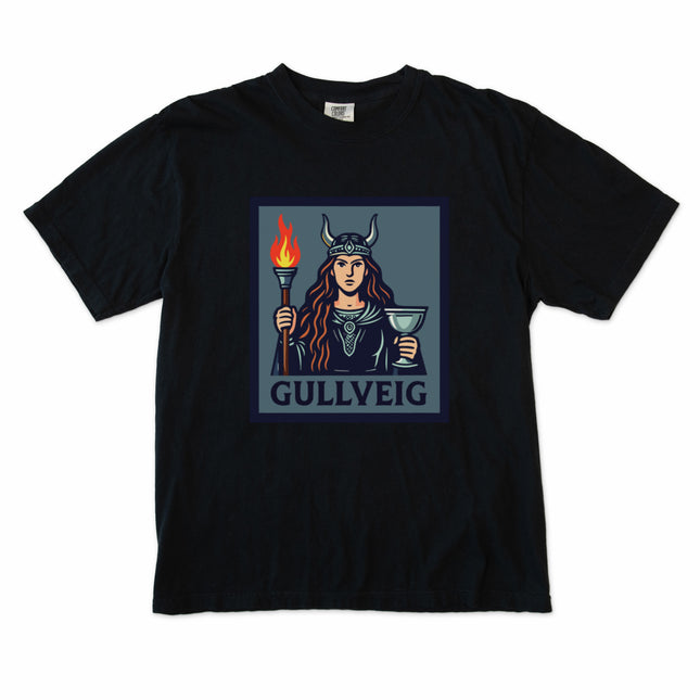 Viking goddess Gullveig design featuring horns, torch, and chalice Norse mythology art tee.