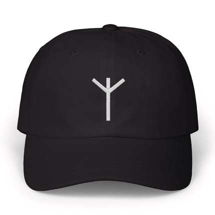 Black baseball cap with embroidered Algiz rune, a Norse protection symbol.