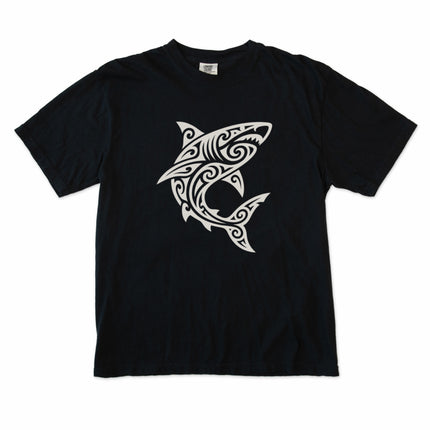 Tribal shark graphic t-shirt featuring Polynesian tattoo style artwork print on a tee.