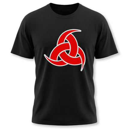 Red Odin's Horns Norse symbol graphic tee on black. Viking mythology design.