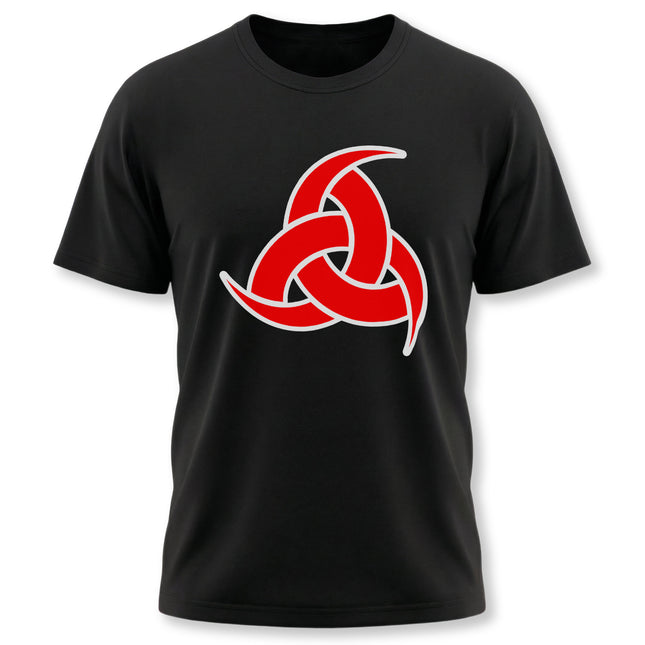 Red Odin's Horns Norse symbol graphic tee on black. Viking mythology design.