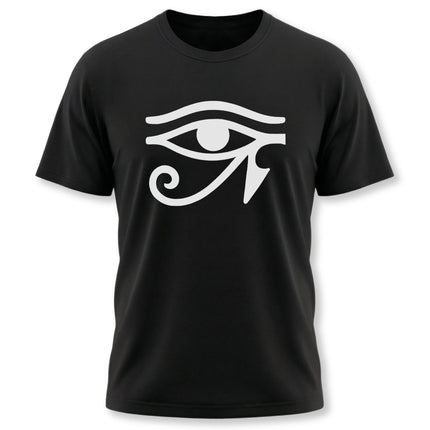 Eye of Ra Egyptian symbol graphic tee on a black unisex t-shirt.