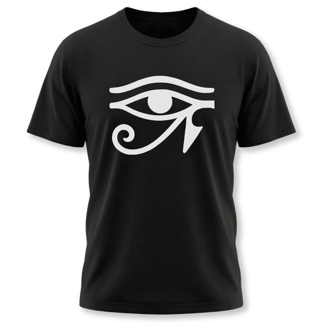 Eye of Ra Egyptian symbol graphic tee on a black unisex t-shirt.