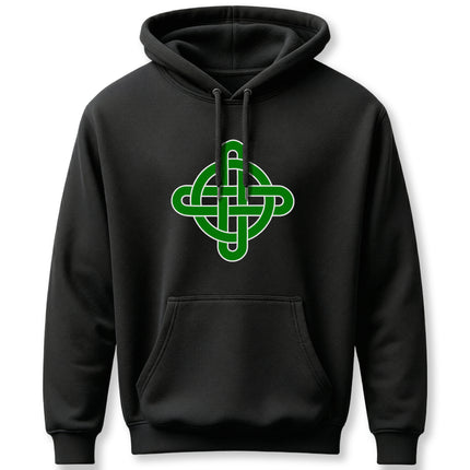 Green Celtic knot graphic on a black pullover hoodie.