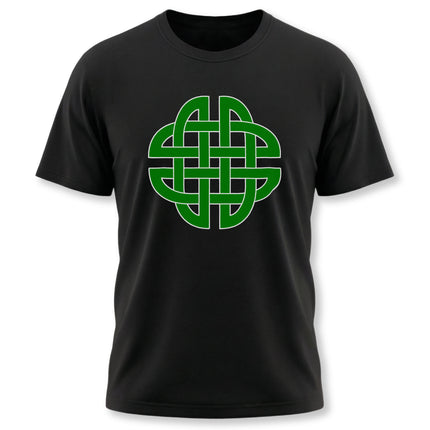 Green Celtic knotwork graphic tee featuring an interwoven shield knot design.