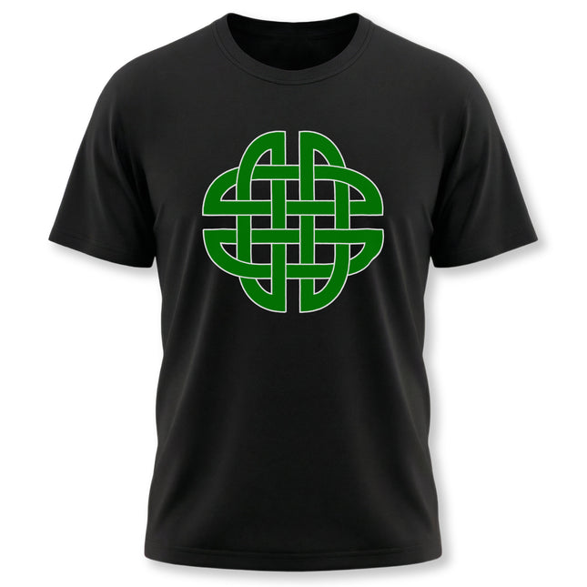 Green Celtic knotwork graphic tee featuring an interwoven shield knot design.