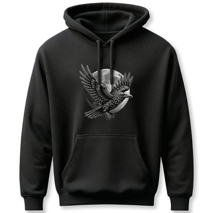 Gothic raven and full moon graphic on a black pullover hoodie.