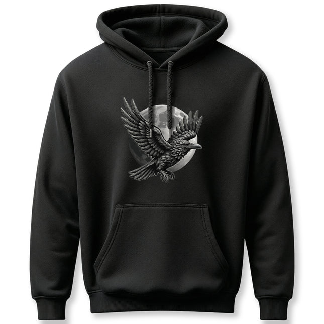 Gothic raven and full moon graphic on a black pullover hoodie.