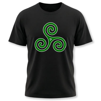 Green Celtic triskelion triple spiral symbol graphic tee on a black t-shirt.
