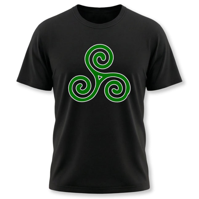 Green Celtic triskelion triple spiral symbol graphic tee on a black t-shirt.