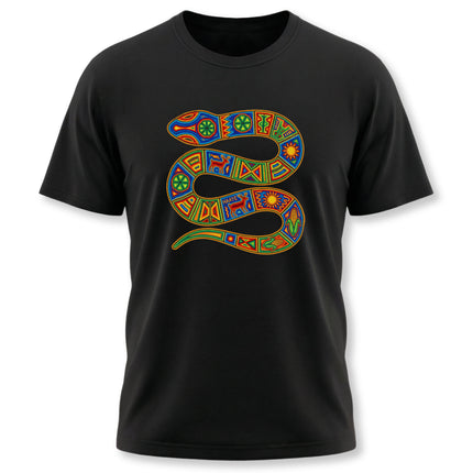 Colorful tribal snake graphic on a black t-shirt, inspired by vibrant Huichol and indigenous art.