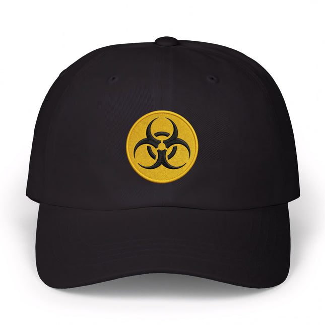 Black embroidered cap featuring a yellow biohazard warning symbol.