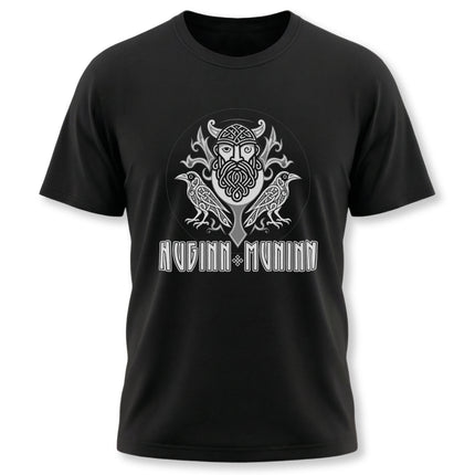Norse Viking t-shirt graphic featuring ravens and the names Huginn and Muninn.