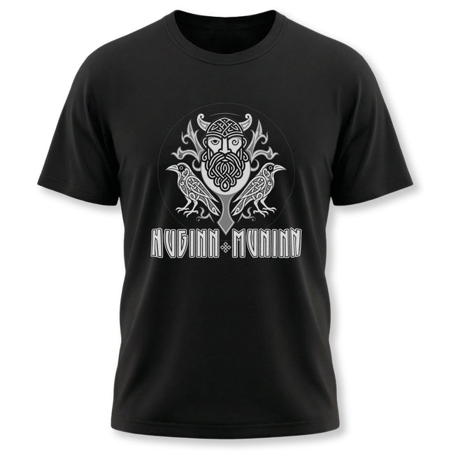 Norse Viking t-shirt graphic featuring ravens and the names Huginn and Muninn.