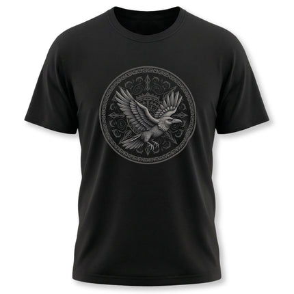 Norse raven graphic tee featuring a detailed raven within a Celtic knotwork circle design.