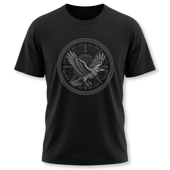Norse raven graphic tee featuring a detailed raven within a Celtic knotwork circle design.
