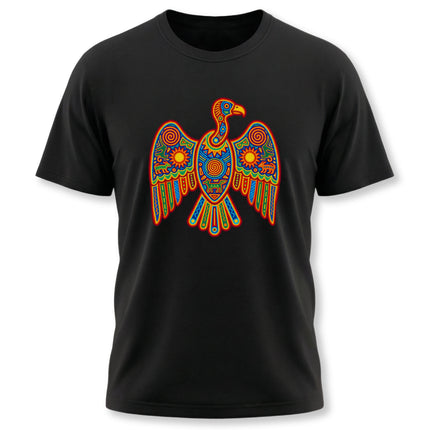 Vulture symbol graphic tee featuring colorful Huichol Mexican indigenous folk art design.