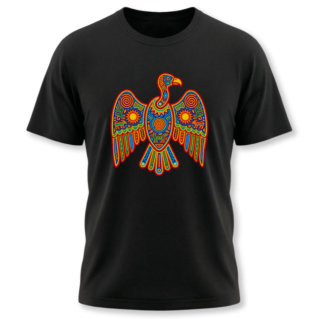Vulture symbol graphic tee featuring colorful Huichol Mexican indigenous folk art design.