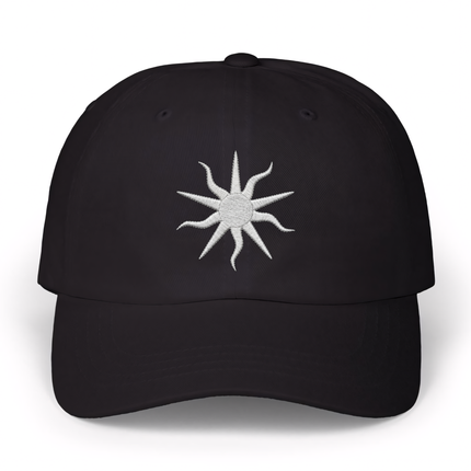 Black baseball cap with embroidered occult sun symbol.