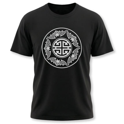 Black t-shirt with Chinese Five Blessings and Wufu bats graphic design.