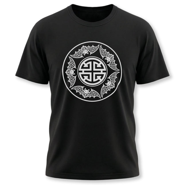 Black t-shirt with Chinese Five Blessings and Wufu bats graphic design.