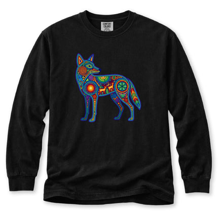 Huichol Coyote Long Sleeve T-Shirt | Multicolor Animal Art Tee