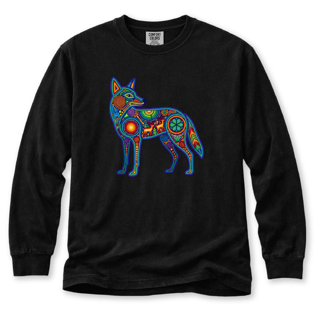 Huichol Coyote Long Sleeve T-Shirt | Multicolor Animal Art Tee